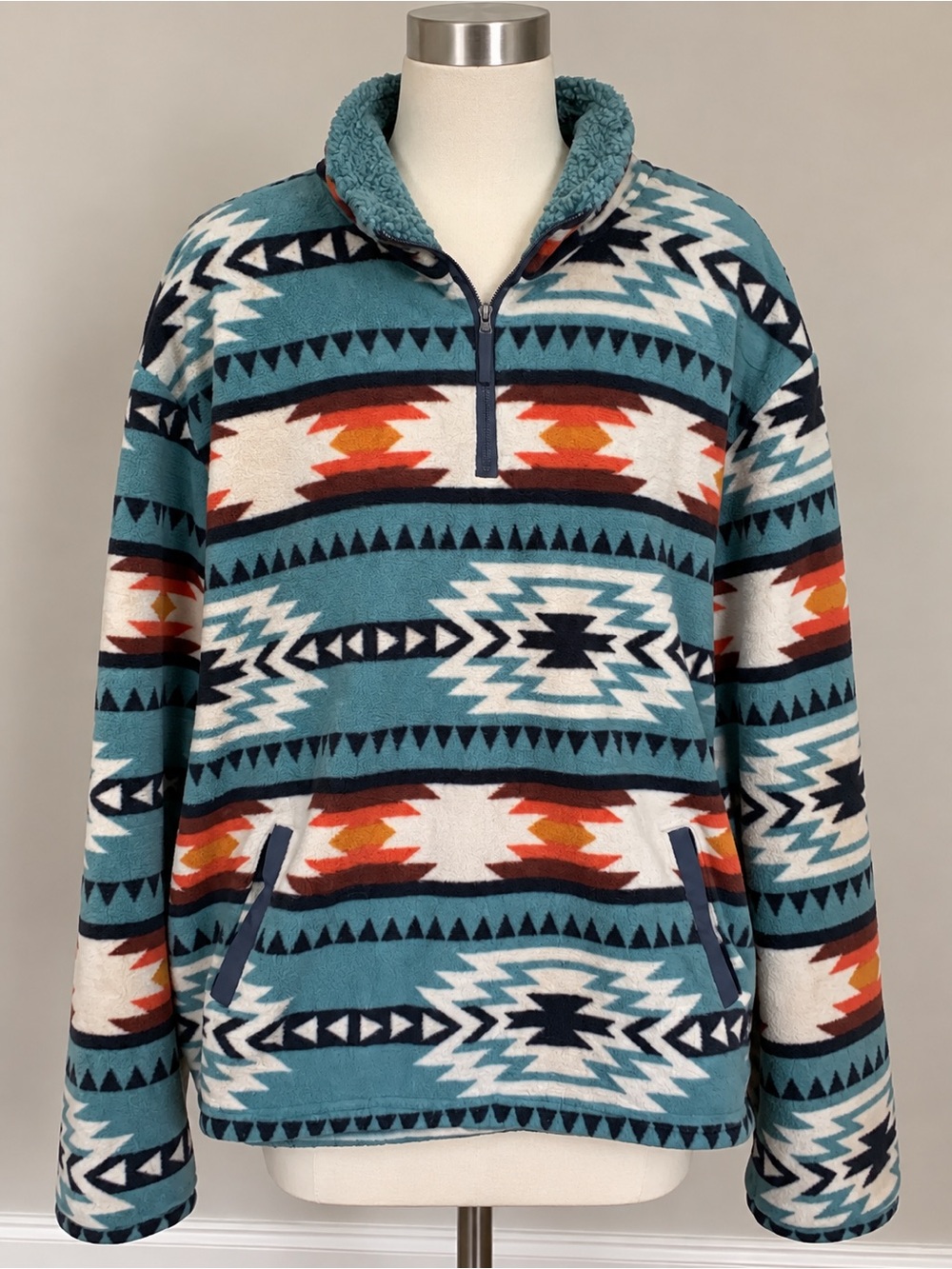 Teal Aztec Quarter-Zip Fleece Pullover